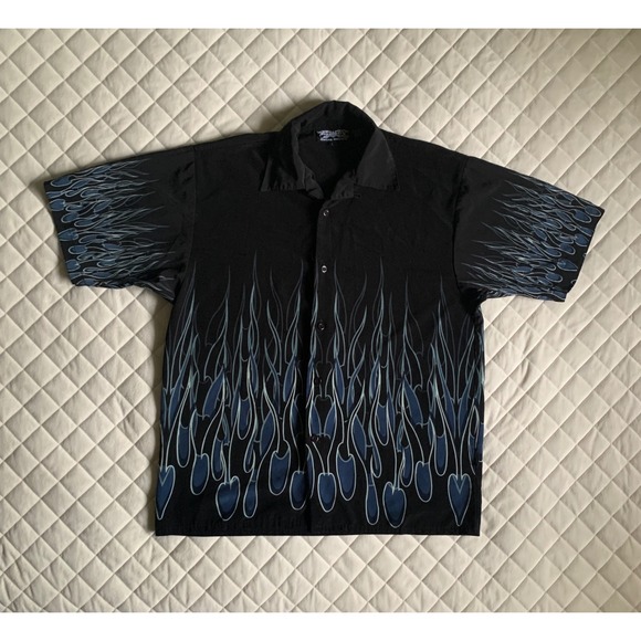 Dragonfly Other - Y2K VTG Dragonfly Graphic Black & Blue Flame‎ Button Up Shirt Sz L Streetwear